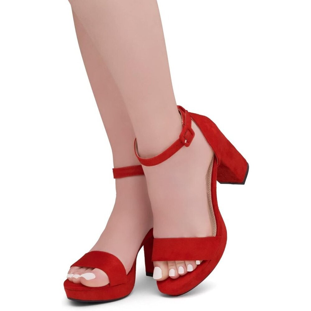 Women's Red Chunky Block Ankle Strap Stylish Comfortable Open Toe Strappy Heel - Picture 5 of 7